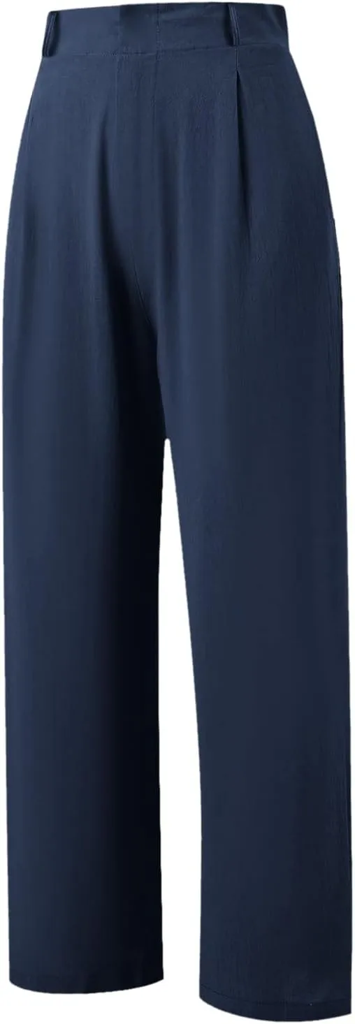 Women's High Waisted Wide Leg Pants Button Business Casual Trousers Straight Baggy Pants Linen Palazzo Pants