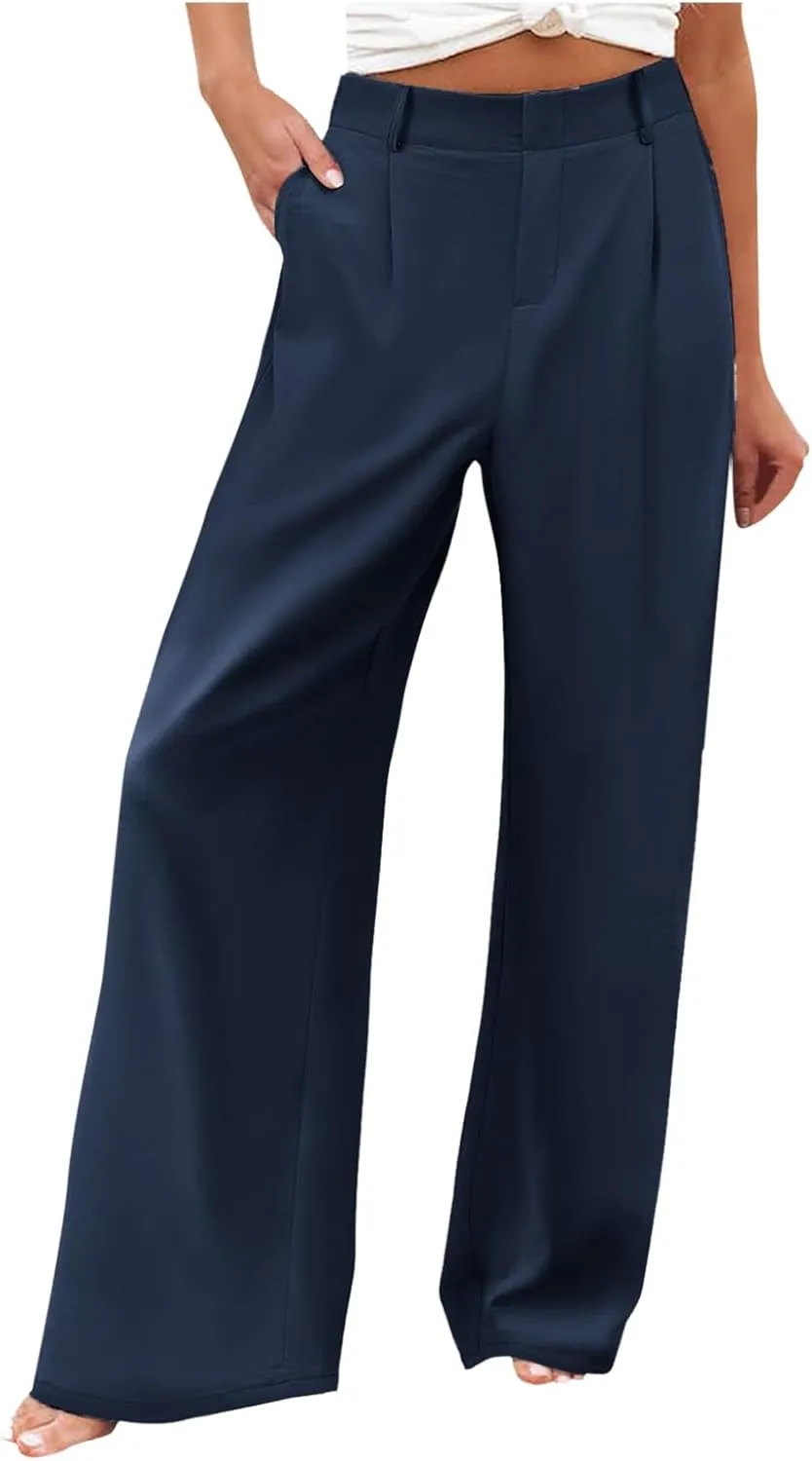 Women's High Waisted Wide Leg Pants Button Business Casual Trousers Straight Baggy Pants Linen Palazzo Pants