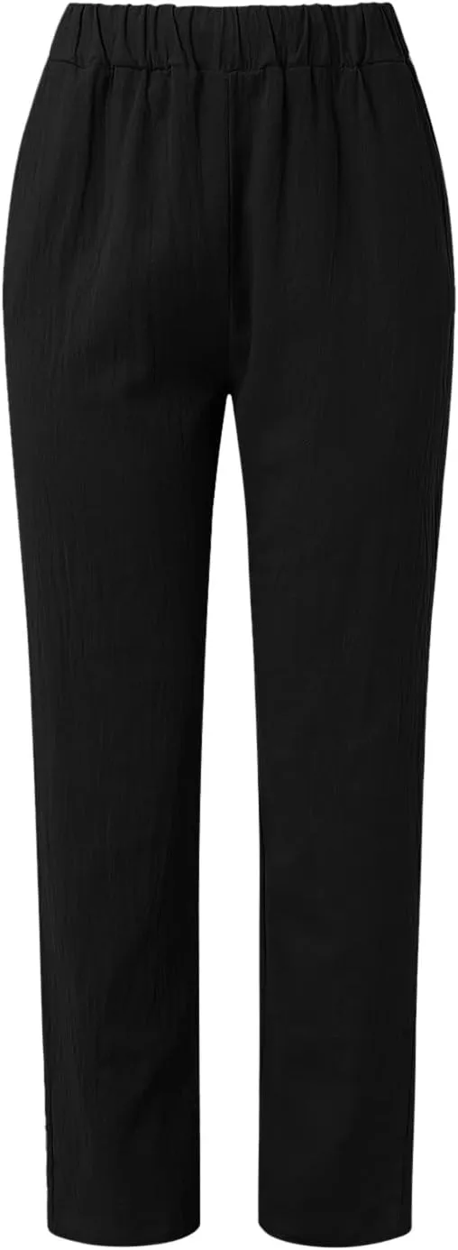 Womens Linen Pants with Pockets High Waist Comfy Casual Pants Lightweight Loose Trousers Straight Leg Baggy Trousers