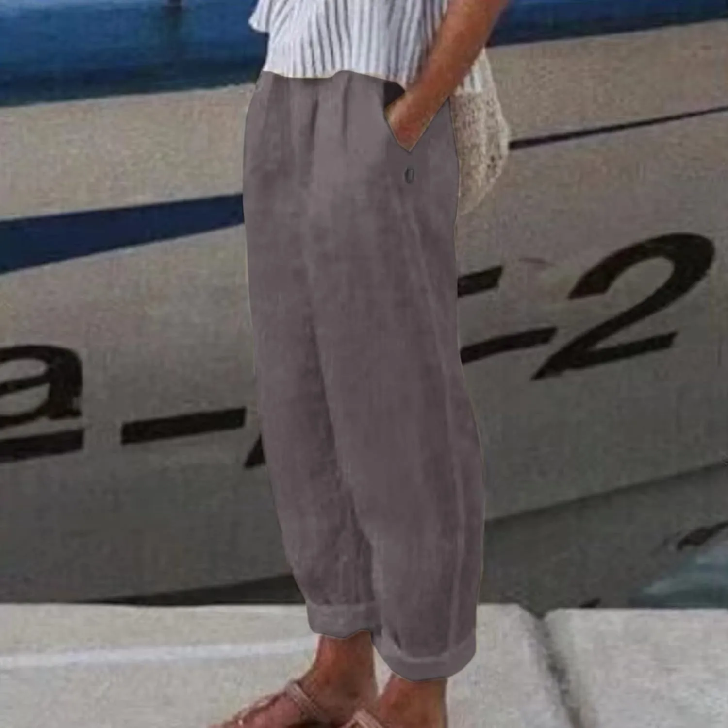 Womens Linen Pants with Pockets High Waist Comfy Casual Pants Lightweight Loose Trousers Straight Leg Baggy Trousers