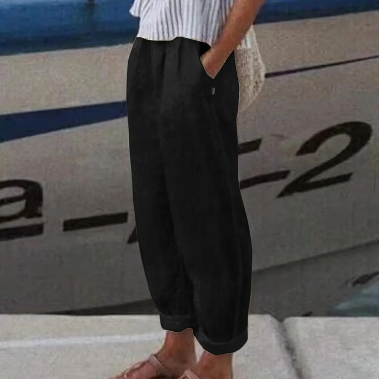 Womens Linen Pants with Pockets High Waist Comfy Casual Pants Lightweight Loose Trousers Straight Leg Baggy Trousers