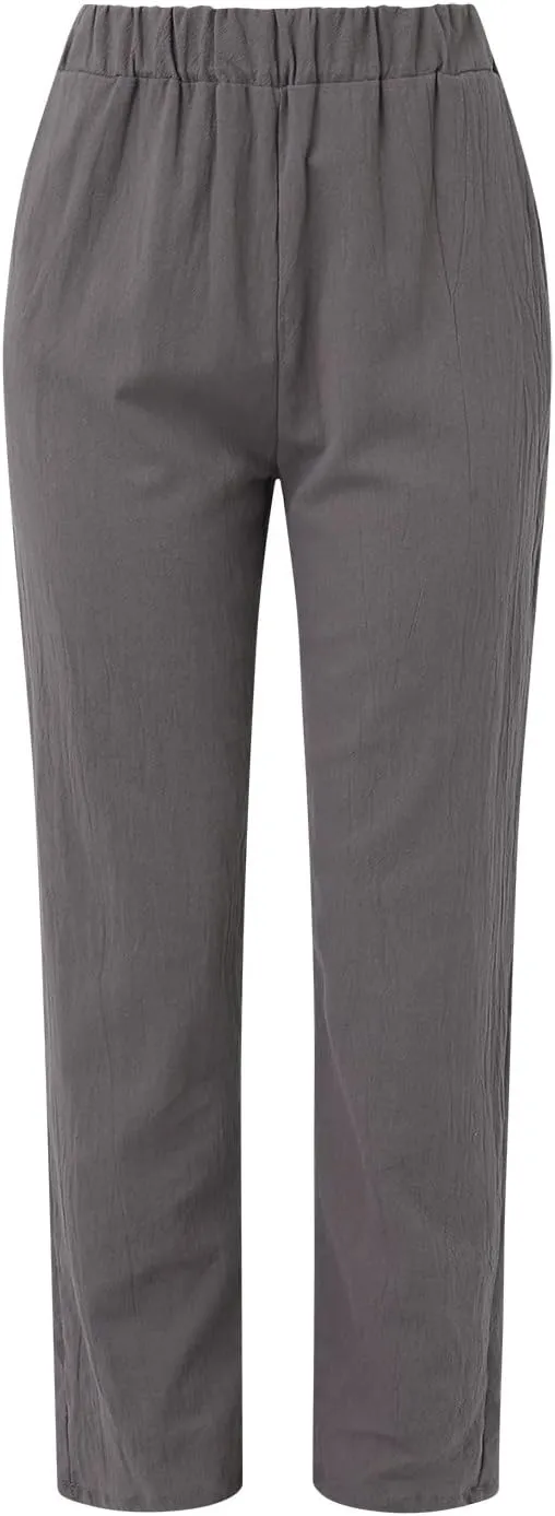 Womens Linen Pants with Pockets High Waist Comfy Casual Pants Lightweight Loose Trousers Straight Leg Baggy Trousers