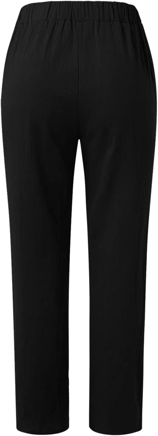 Womens Linen Pants with Pockets High Waist Comfy Casual Pants Lightweight Loose Trousers Straight Leg Baggy Trousers