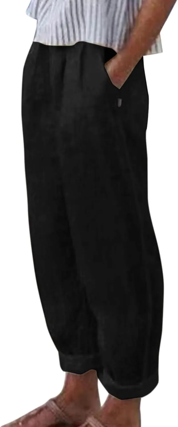 Womens Linen Pants with Pockets High Waist Comfy Casual Pants Lightweight Loose Trousers Straight Leg Baggy Trousers