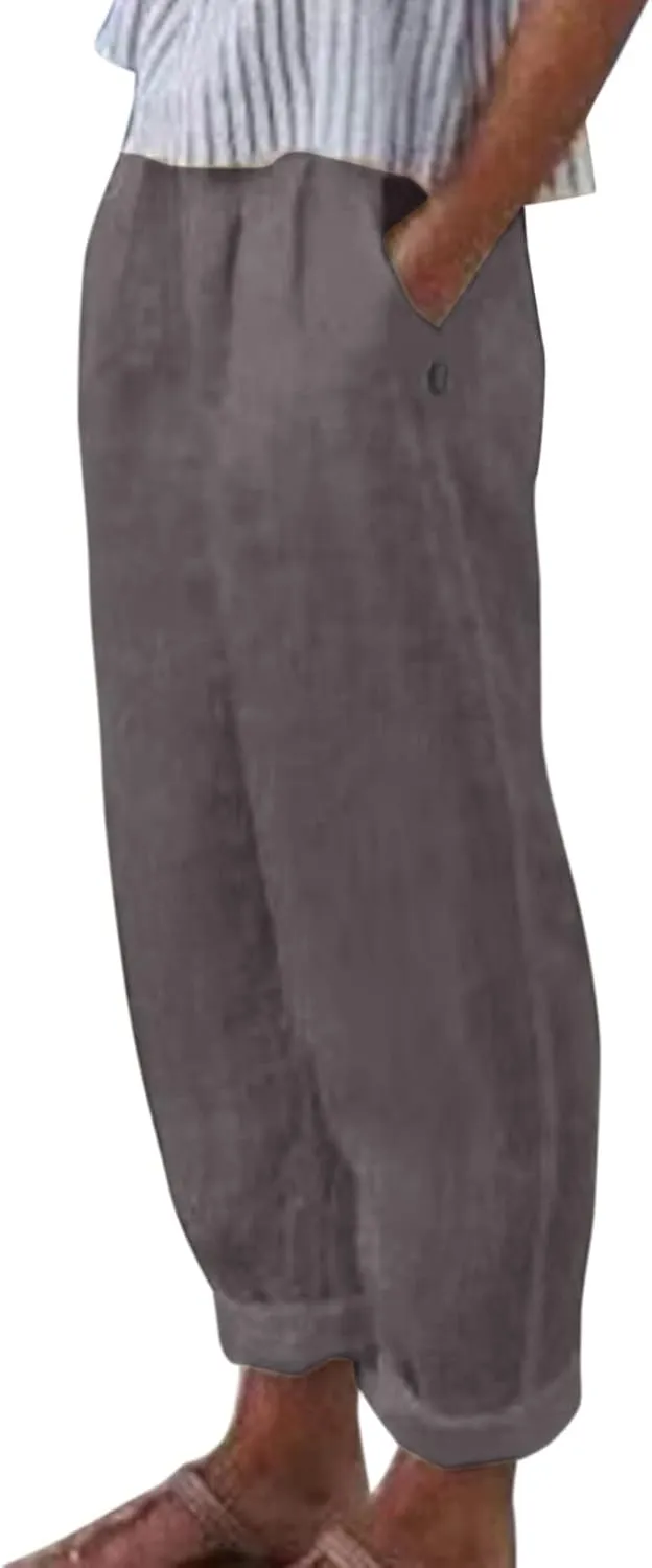 Womens Linen Pants with Pockets High Waist Comfy Casual Pants Lightweight Loose Trousers Straight Leg Baggy Trousers