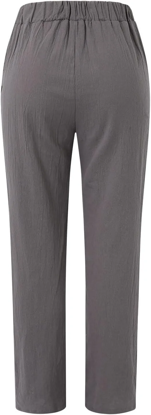 Womens Linen Pants with Pockets High Waist Comfy Casual Pants Lightweight Loose Trousers Straight Leg Baggy Trousers