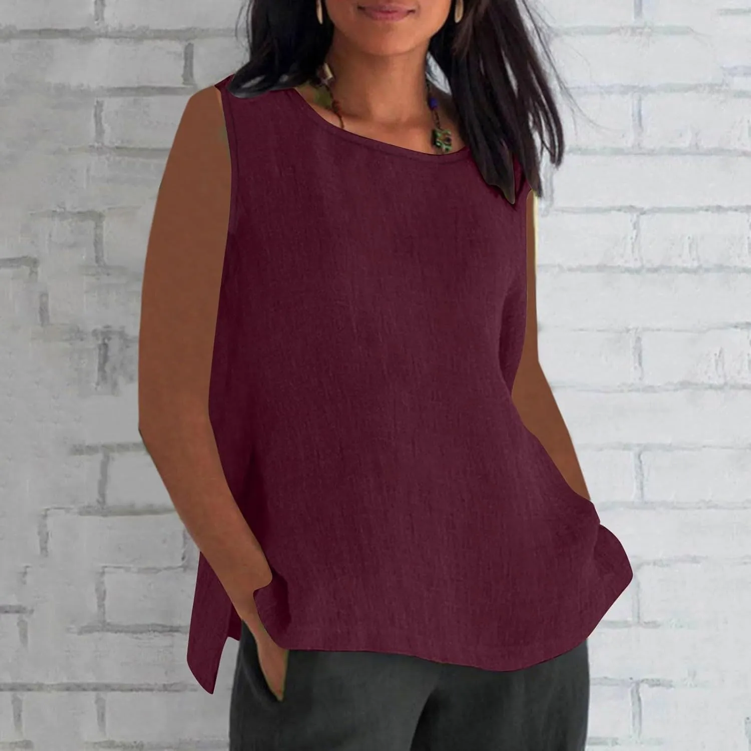 Womens Linen Tank Top Loose Casual Crew Neck Sleeveless Solid Color Camisole Side Split Vacation Flowy Shirt Vest