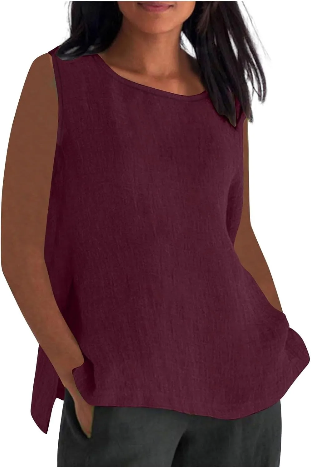 Womens Linen Tank Top Loose Casual Crew Neck Sleeveless Solid Color Camisole Side Split Vacation Flowy Shirt Vest