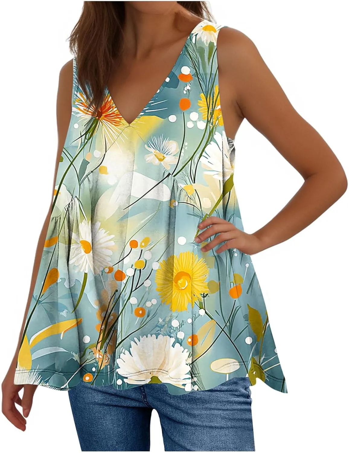 Womens Tank Tops Dressy Casual Sleeveless Printed Pleated Hawaiian Shirt V Neck Loose Beach Fashion Summer Tank Top