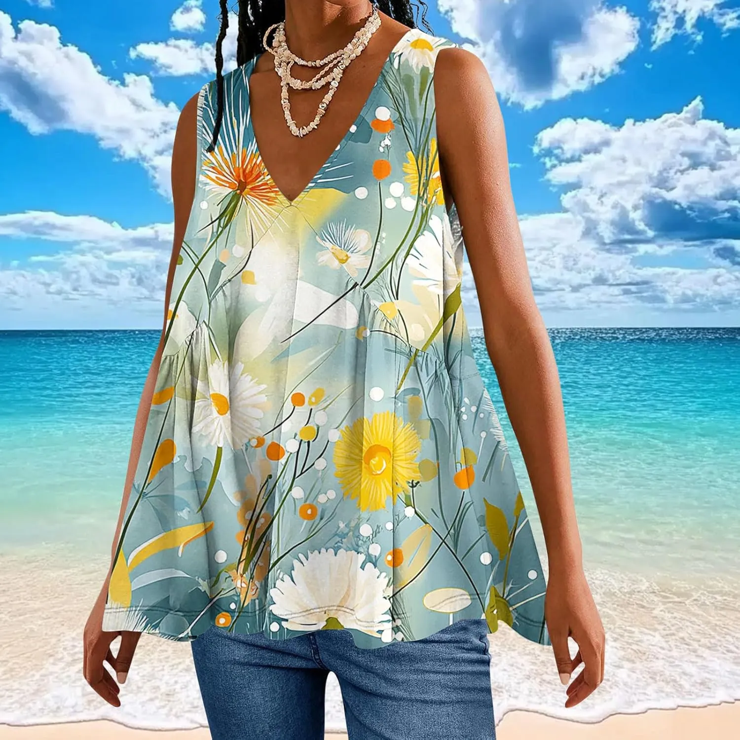 Womens Tank Tops Dressy Casual Sleeveless Printed Pleated Hawaiian Shirt V Neck Loose Beach Fashion Summer Tank Top