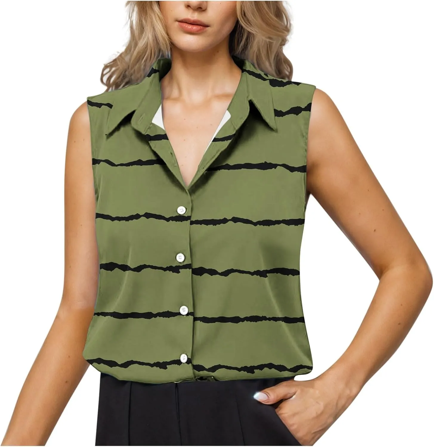Womens Tank Tops Workout Striped Print Sleeveless Button Down Lapel Tunic Top Business Comfy Summer Trendy Camisole