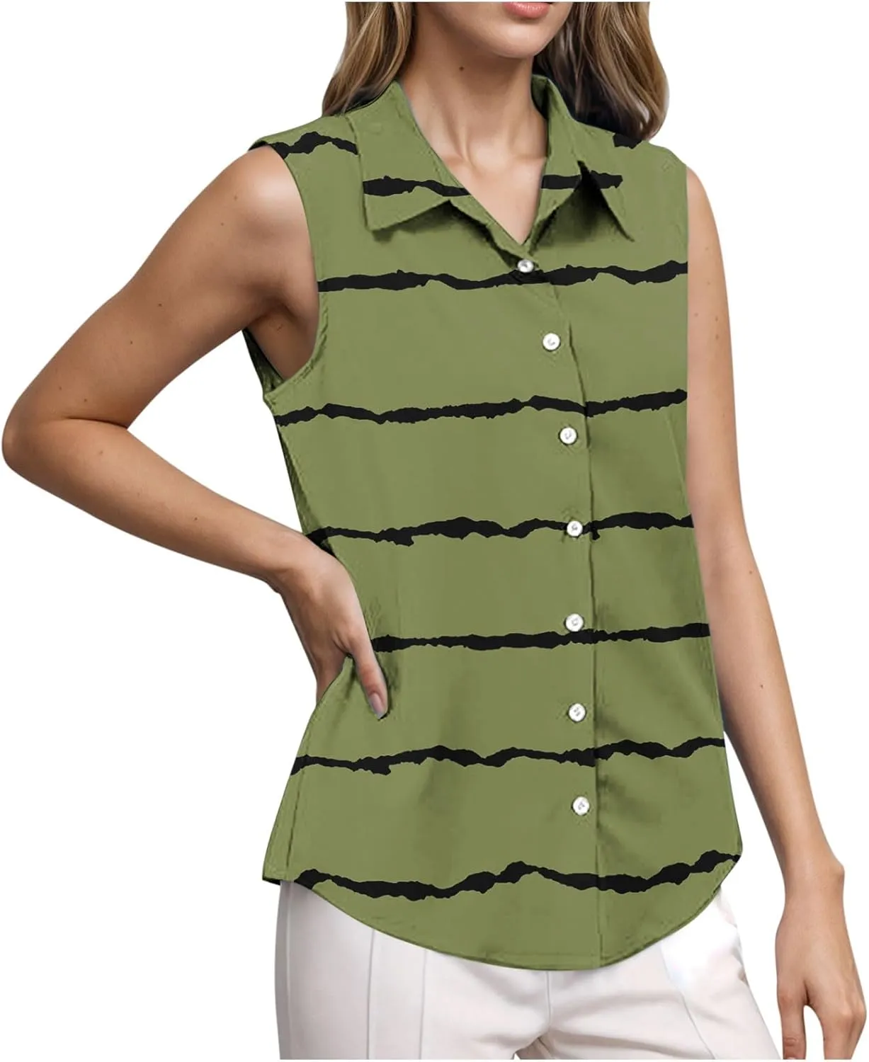 Womens Tank Tops Workout Striped Print Sleeveless Button Down Lapel Tunic Top Business Comfy Summer Trendy Camisole