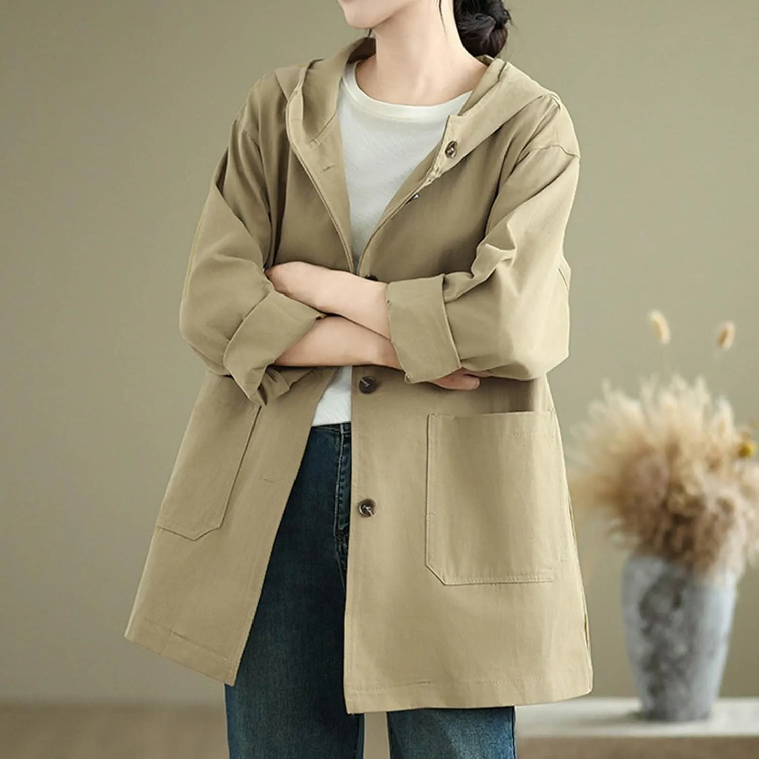 Women's Trench Jackets Rain Jacket Loose Hooded Oversized Elegant Windbreaker Comfortable Coat Outwear for Outdoor