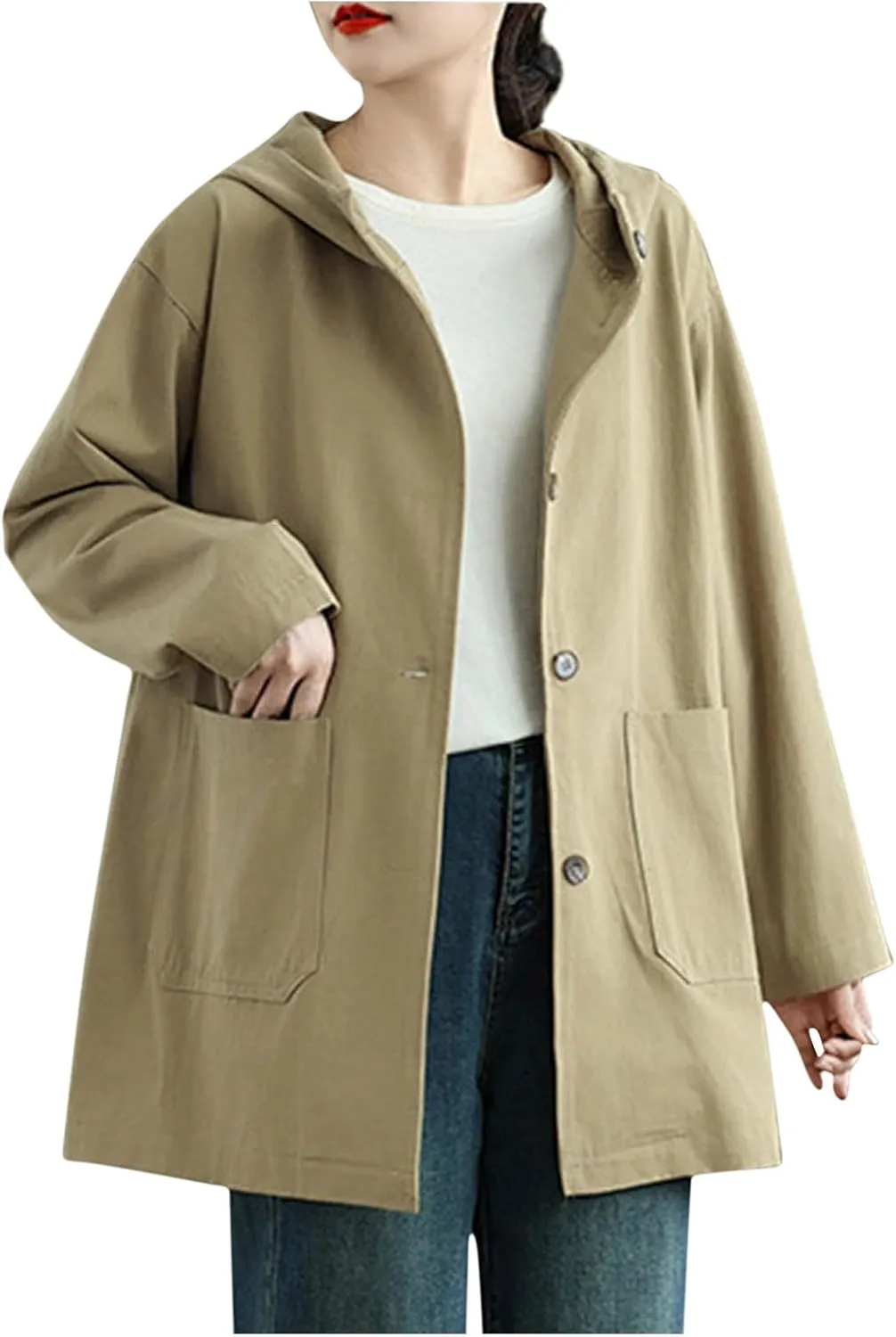 Women's Trench Jackets Rain Jacket Loose Hooded Oversized Elegant Windbreaker Comfortable Coat Outwear for Outdoor