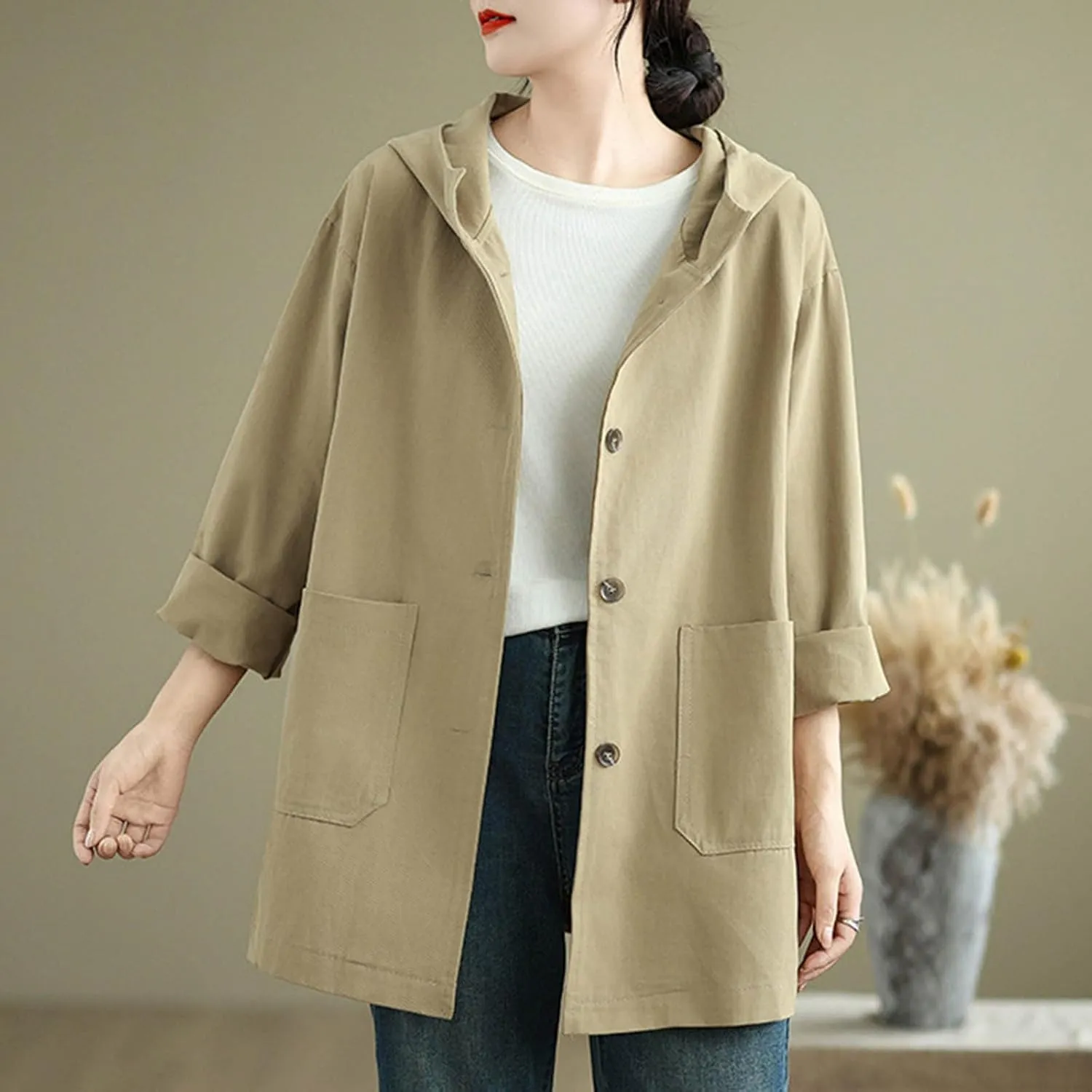 Women's Trench Jackets Rain Jacket Loose Hooded Oversized Elegant Windbreaker Comfortable Coat Outwear for Outdoor