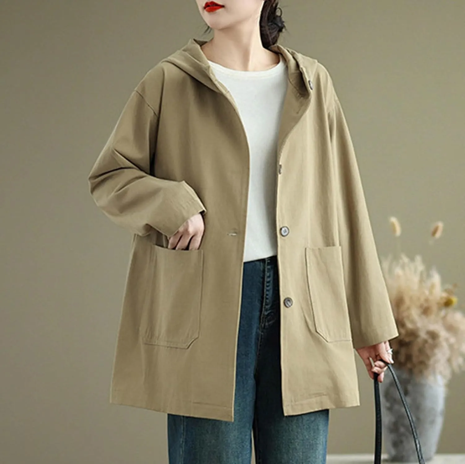 Women's Trench Jackets Rain Jacket Loose Hooded Oversized Elegant Windbreaker Comfortable Coat Outwear for Outdoor