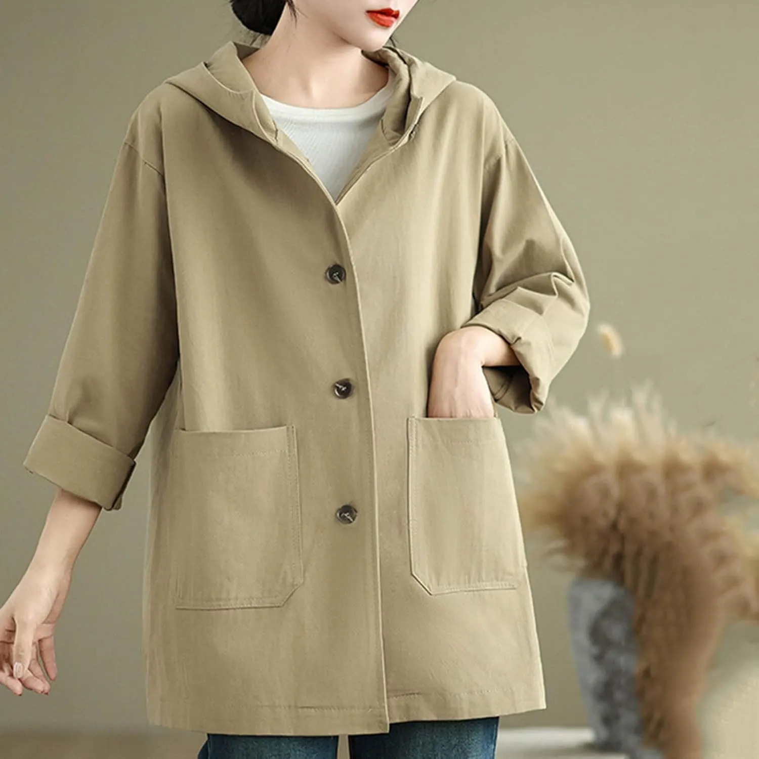 Women's Trench Jackets Rain Jacket Loose Hooded Oversized Elegant Windbreaker Comfortable Coat Outwear for Outdoor