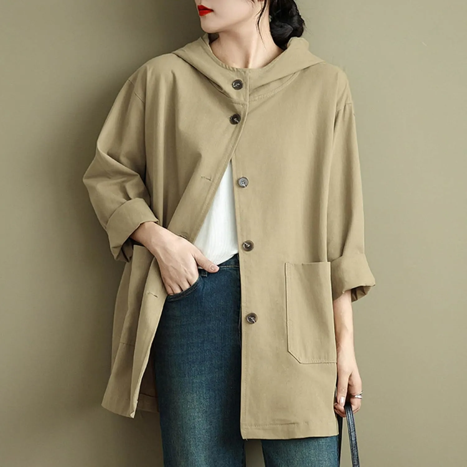 Women's Trench Jackets Rain Jacket Loose Hooded Oversized Elegant Windbreaker Comfortable Coat Outwear for Outdoor